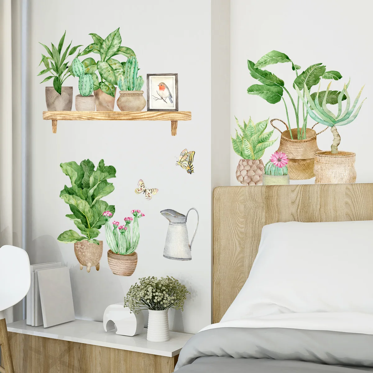 Зеленые горшечные растения и бабочки настенные наклейки для детской комнаты