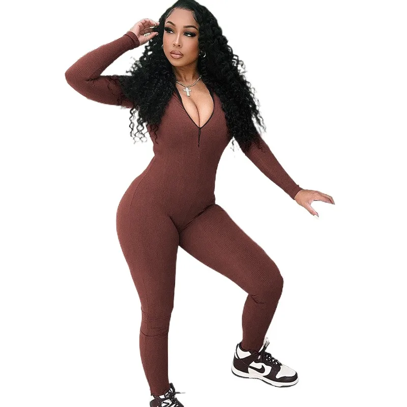 

Женский комбинезон в европейском и американском стиле, однотонный Облегающий комбинезон в рубчик с круглым вырезом, длинными рукавами и высокой талией, лето 2023
