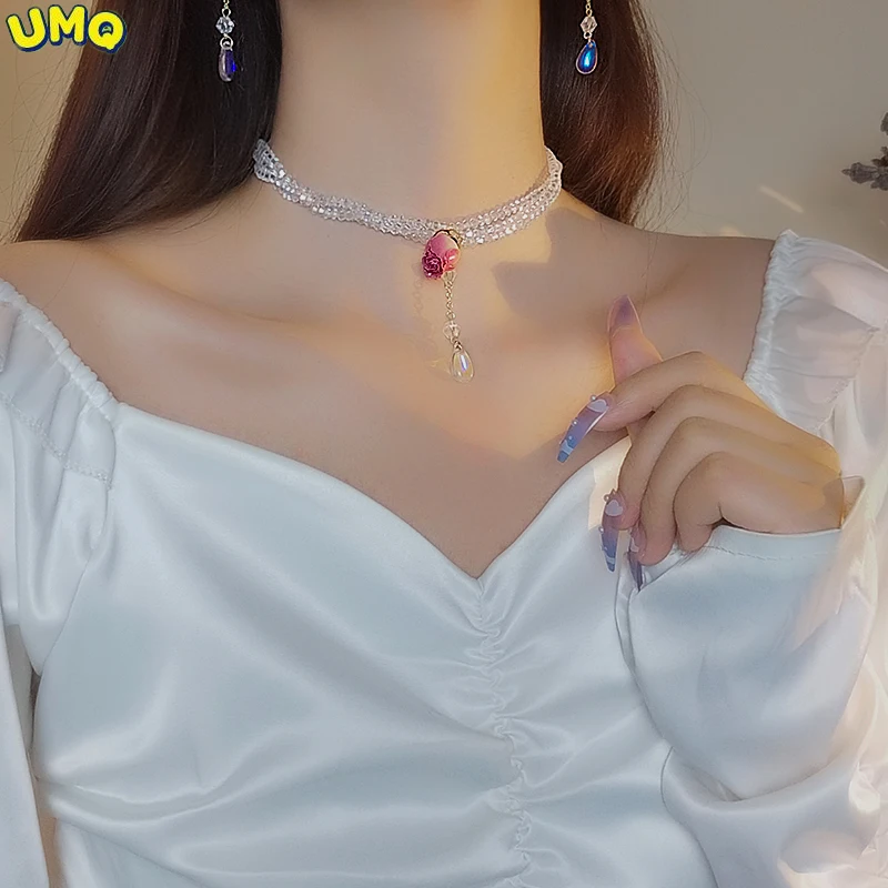 

Rose Crystal Necklace Set Earrings Light Luxury Niche Collarbone Chain High Sense Multi-layer Flower Adjustable Neck Chain