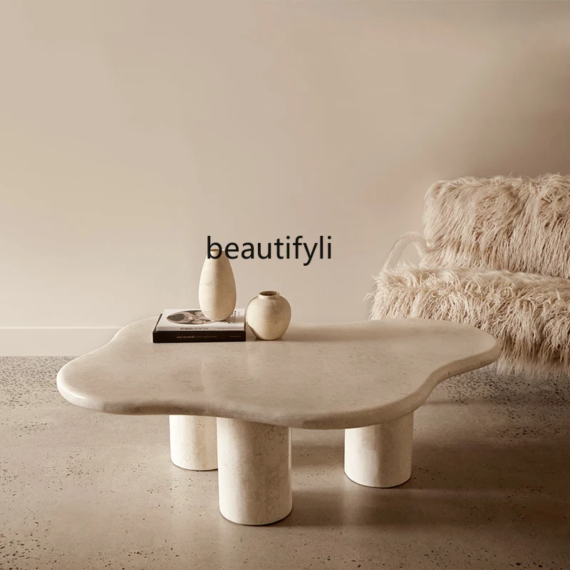 Журнальный столик ваби песочный травертин дизайнерский небольшая квартира