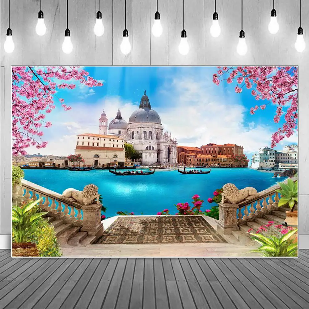 

Venice Italy Riverside Platform Scenic Decoration Photography Backgrounds Vintage Buildings Flowers Stairs Boats Photo Backdrops