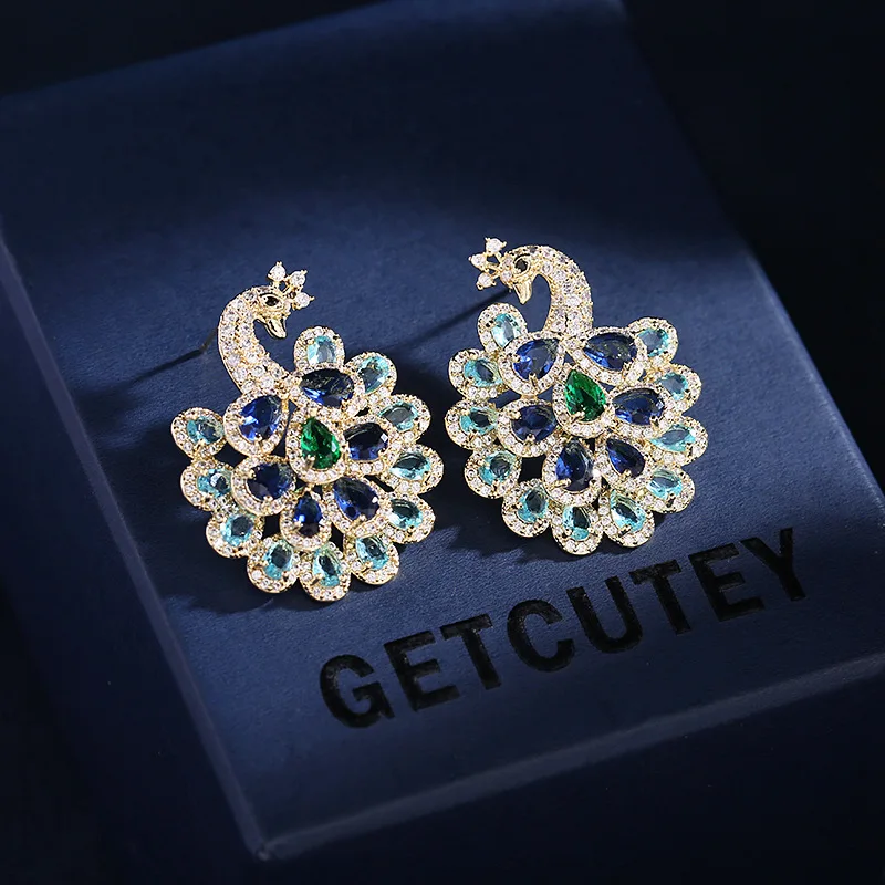 

Exaggerated Atmospheric Heavy Industry Silver Needle Earrings Fashion Jewelry Color Cubic Zirconia Peacock Earrings for Women