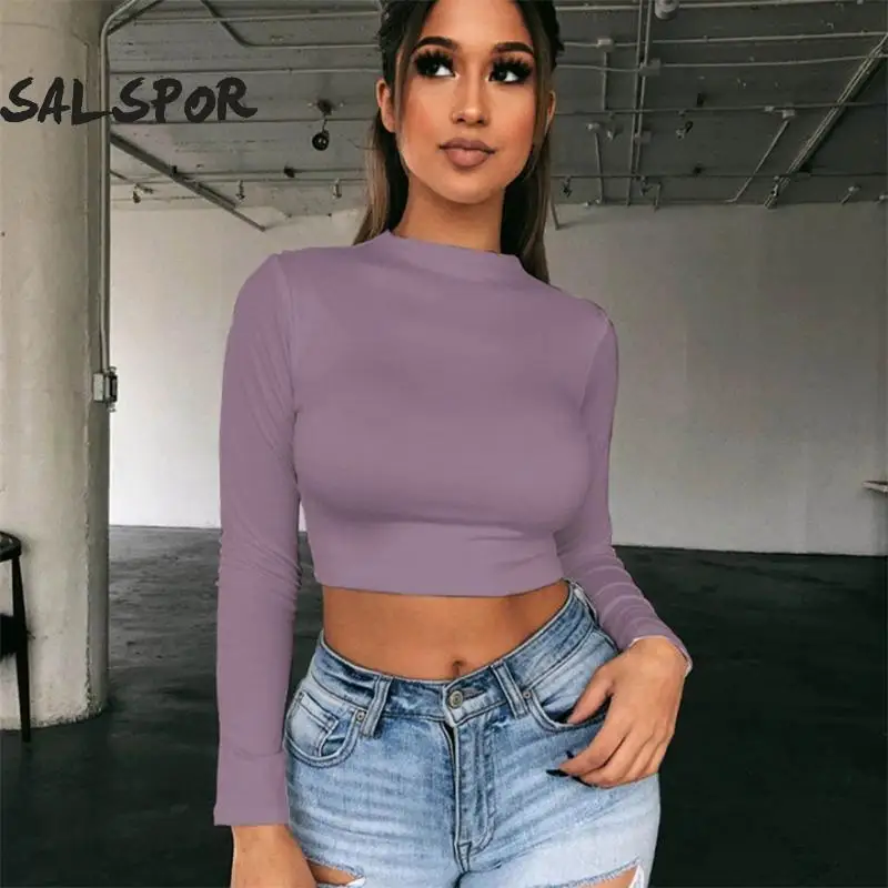 SALSPOR модная спортивная Женская Однотонная футболка с длинным рукавом