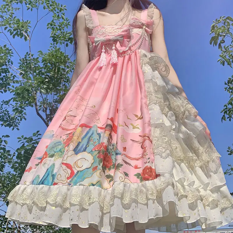 

Vintage Sweet Lolita JSK Dress Girls Chic Vintage Printed Lace Bow Fringe Sleeveless Princess Dress Women Cute Tea Party Dress