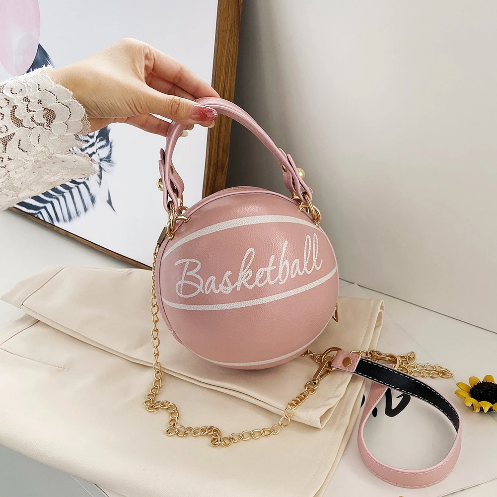 

Personality INS Fashion Women Ball Bag Soft PU Leather Round Crossbody Thick Chain Hand Bags Purses Female Basketball Bag
