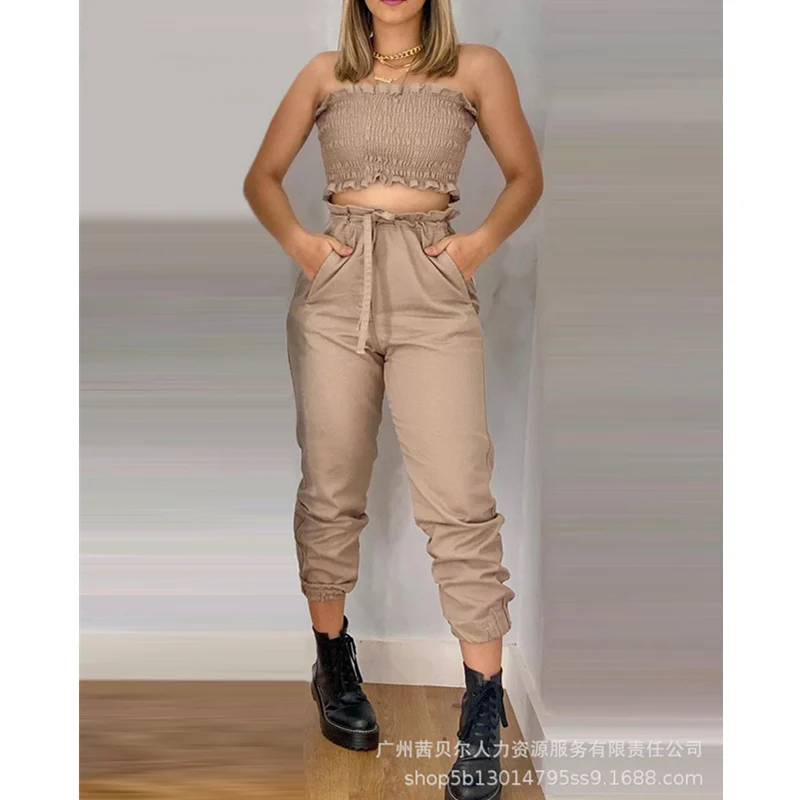

Mandylandy Women Sexy Tracksuit Two Piece Pant Set Lady Elegant Fashion Strapless Crop Top Drawstring Waist Skinny Pants Outfits