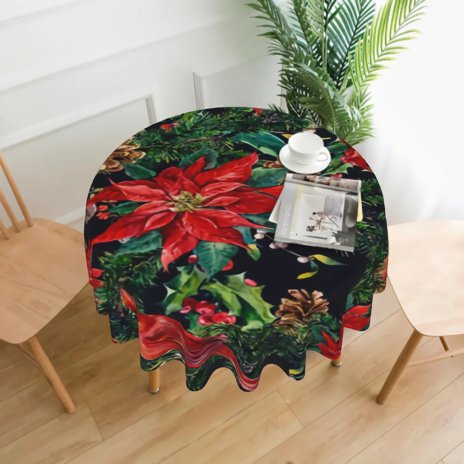 

Watercolor Christmas Vintage FloralTablecloth 60 Inch Round In Home Table Cloth Waterproof Fabric Farmhouse