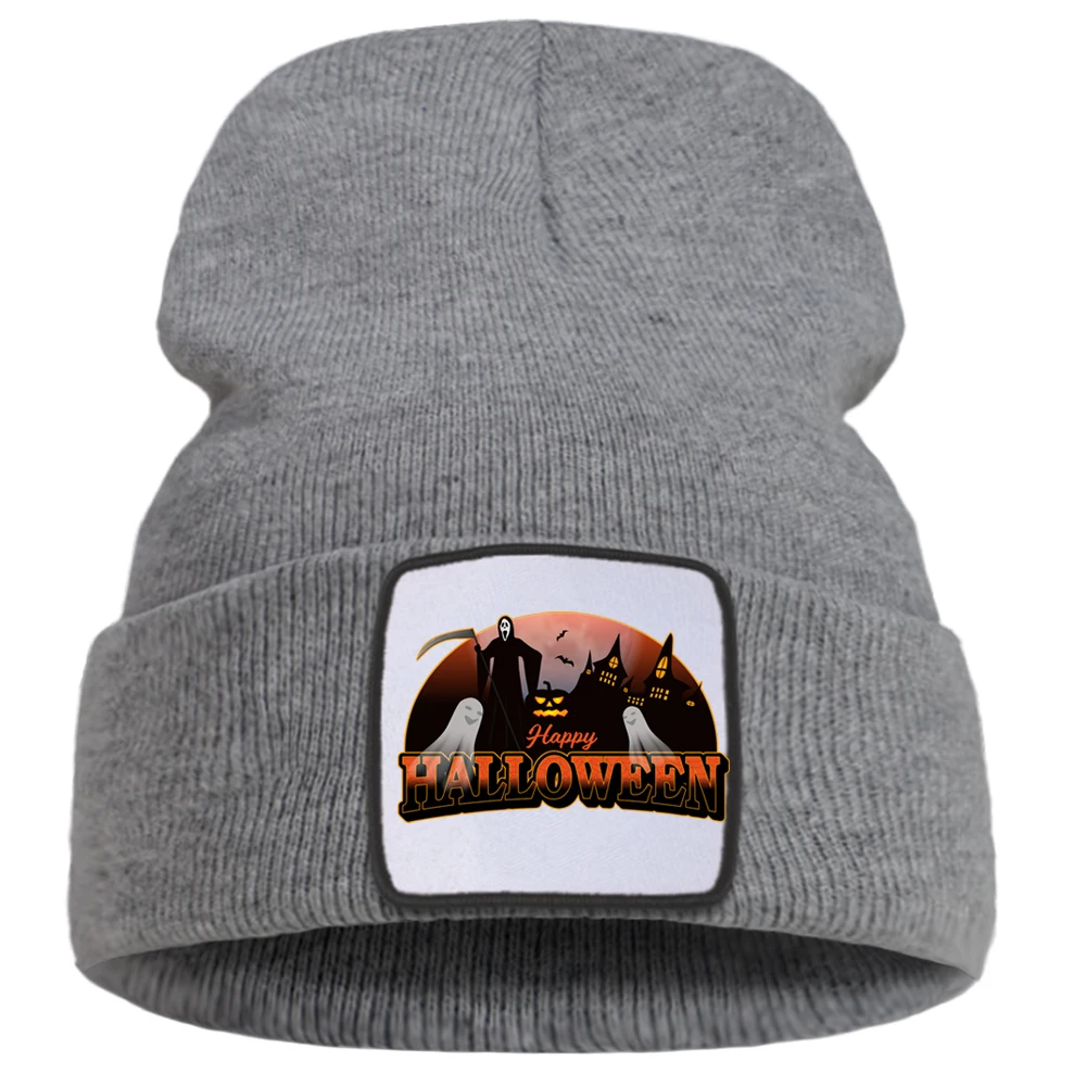 

Scary Pumpkin Cool Text Halloween Theme Print Mens Knitted Hats Outdoor Warm Hat Winter Women Cotoon Hip Hop Beanies For Women
