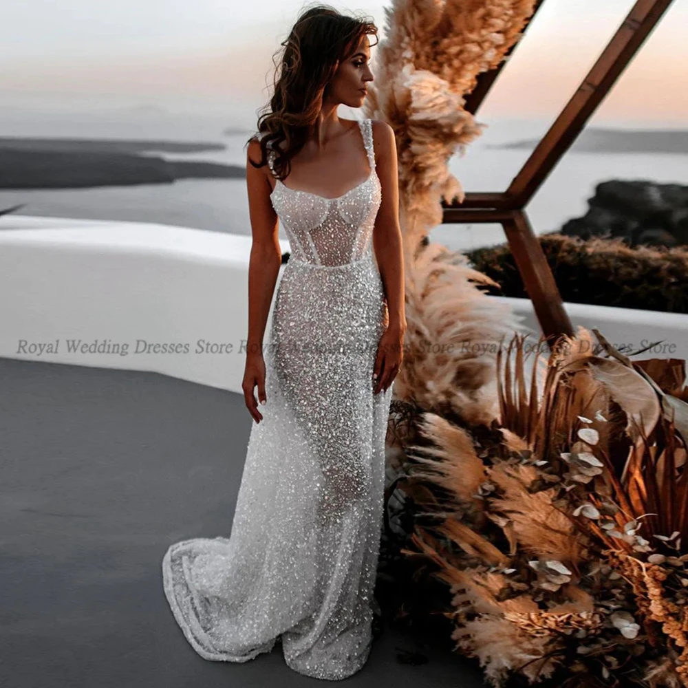 

RANMO Mermaid Wedding Dresses Spaghetti Lace Handmade Flower Paillette V Neck Open Back 2022 Floor Length Gowns Robe De Ma
