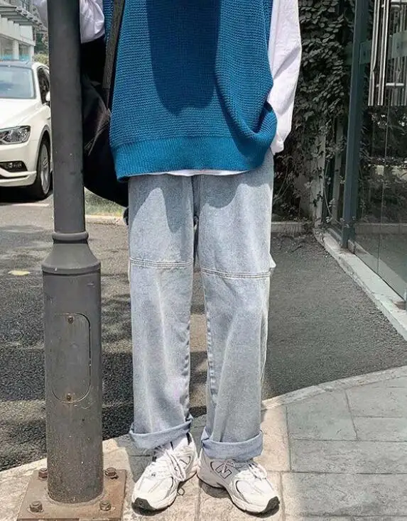 Elastic Waist Jeans Men's Straight Loose Hip Hop Street Jeans Mopping Wide Leg Daddy Pants