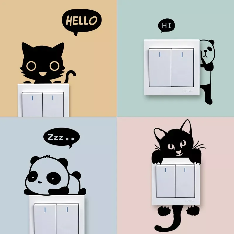 

NEW2022 Creative 1 Set of 4pcs Cartoon cats panda Switch Wall Sticker Vinyl Cute animals Removable stickers Home decorations Dec
