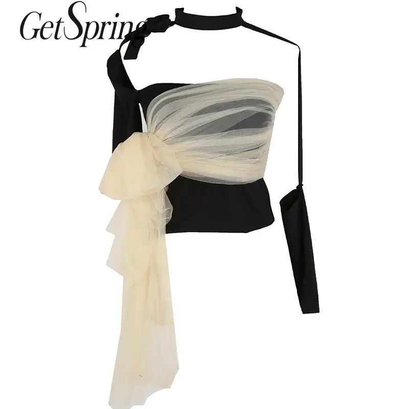 

GetSpring Women T Shirt Ribbon Bandage Hollow Out Patchwork T Shirt Irregular Women Asymmetry Tee Tops 2022 New Fashion