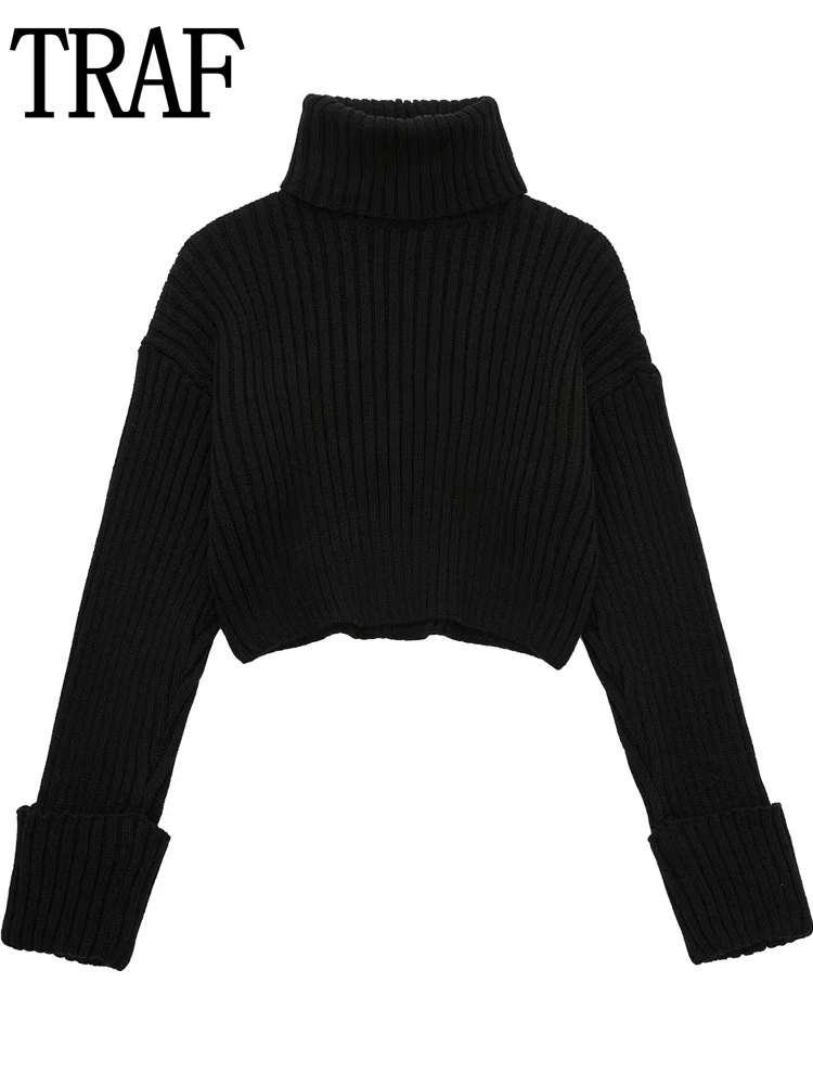 

Черный вязаный свитер TRAF, водолазка, женские пуловеры, укороченный красный свитер с длинным рукавом, Женская Осенняя уличная одежда, зима 2022