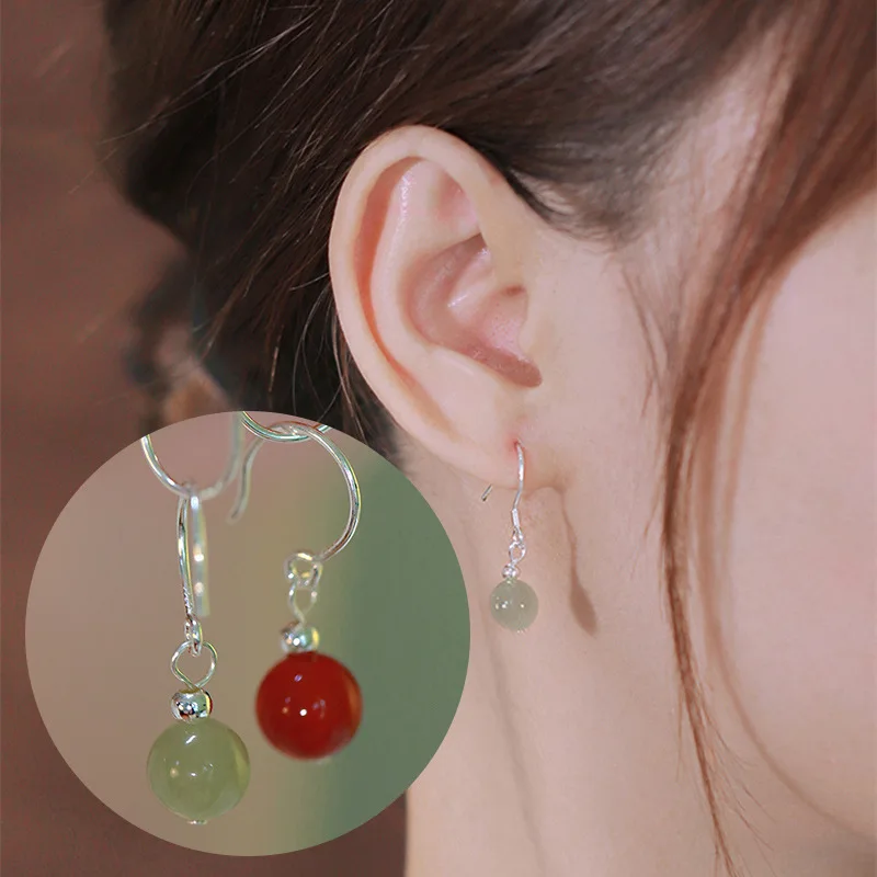 

Luxury Designer Vintage Hetian Jade Red Agate Earrings for Women Green Stone Ear Hook Statement Jewelry Gift Pendiente Mujer