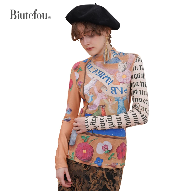 2023 Spring Women Art Hand Drawn Half Turtleneck Slim Bottoming Shirt