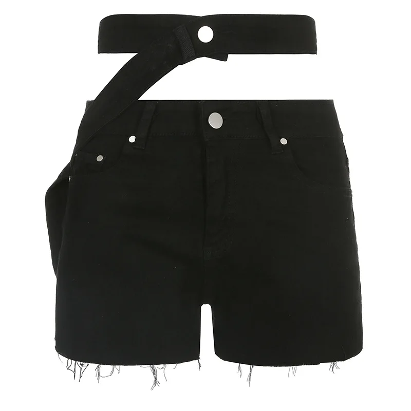 

2022 New Women Asymmetric Hollowed-out Super Denim Shorts With Belt Black