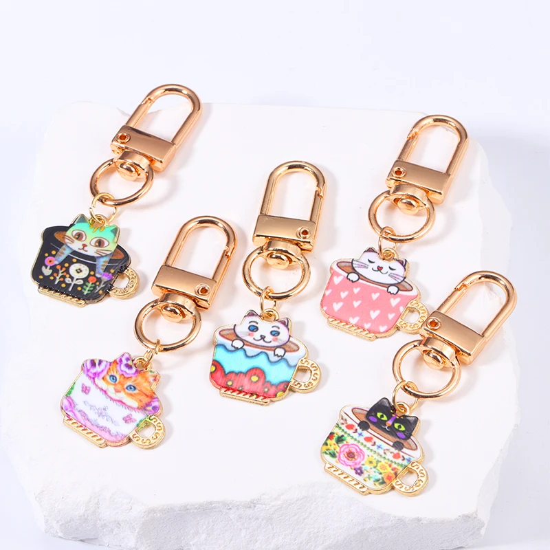 

Cute Oil Dripping Cup Cate Keychians For Women Girls Handbag Car Key Charms Decoration Key Rings DIY Jewelry Accessories Gifts