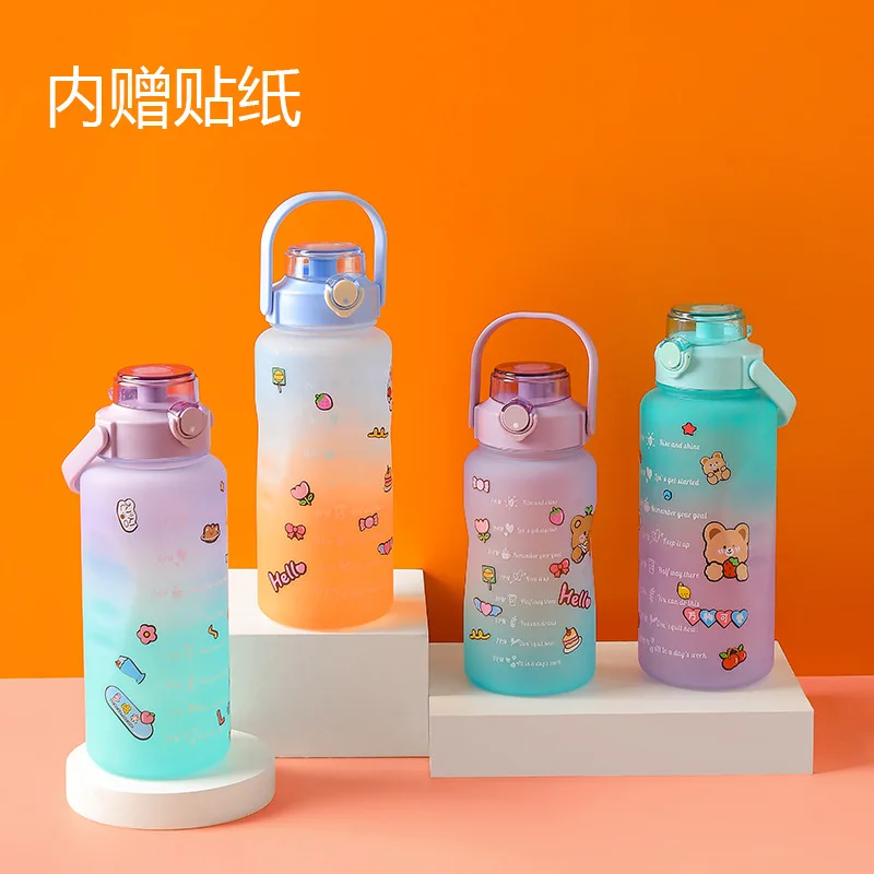 

2 Liter Large Capacity Free Motivational With Time Marker Fitness Jugs Gradient Color Plastic Water Bottle Frosted Stickers Cup