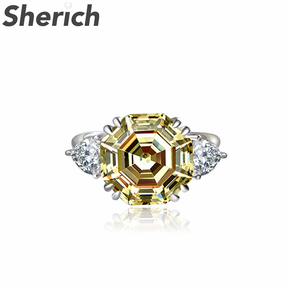 

Sherich Yellow Light Blue Octagon Shape High Carbon Diamond S925 Sterling Silver Creative Exquisite Ring Women's Brand Jewelry