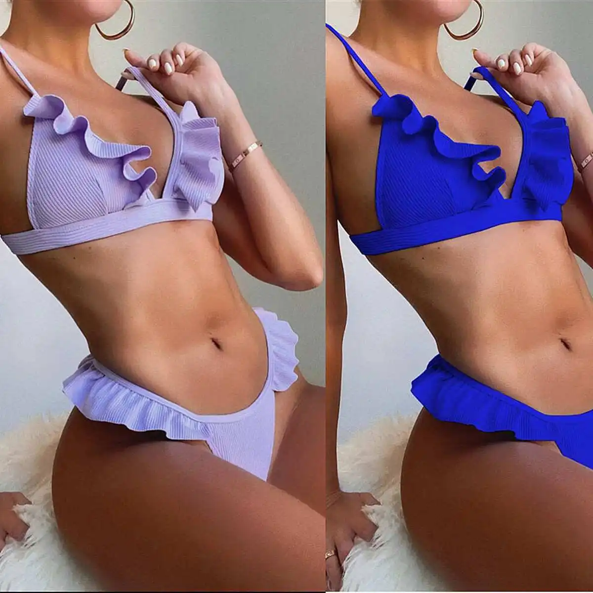 

Women's Sexy Solid Padded Bikini Set Lady Stylish Flounce Swimwear Brazilian Thong Side Tied Triangle Summer Beachwear