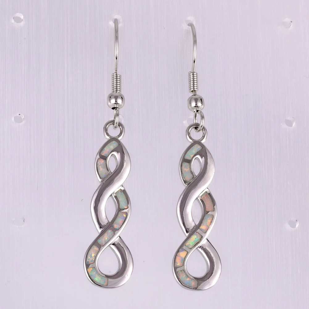 

KONGMOON Long Twist White Fire Opal Silver Plated Jewelry for Women Dangle Drop Earrings