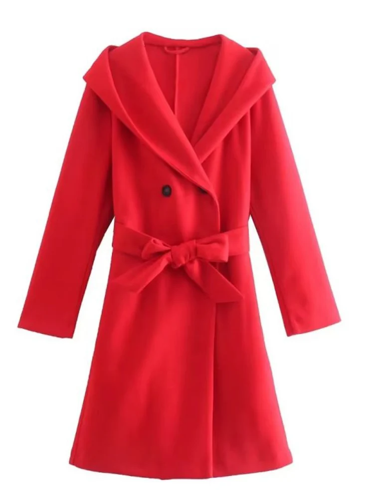

2022 Autumn Winter Women Wool & Blends Coats Casual Solid Hooded Sashes Bow Female Elegant Street OL Overcoat Outerwear