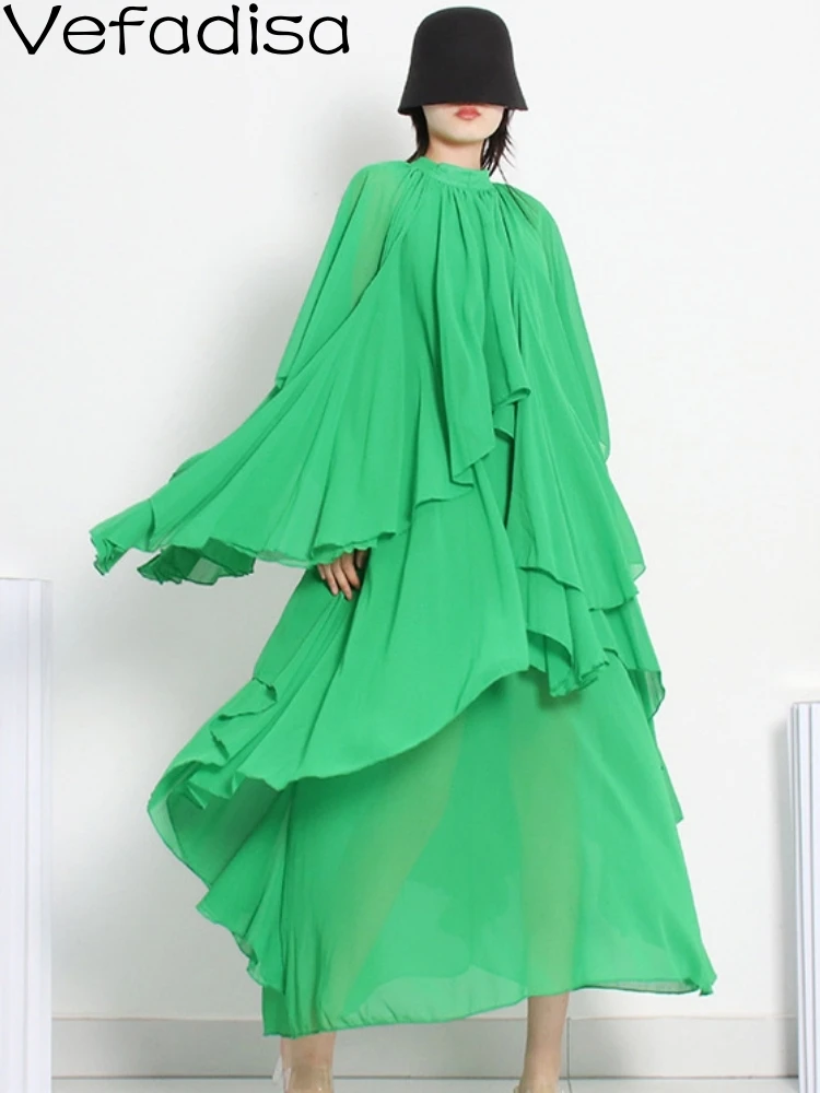 

Vefadisa Temperament Large Size Dress Woman 2023 Summer The New Fashion Mid-length Ruffles Elegant Mesh Chiffon Dress LHX404