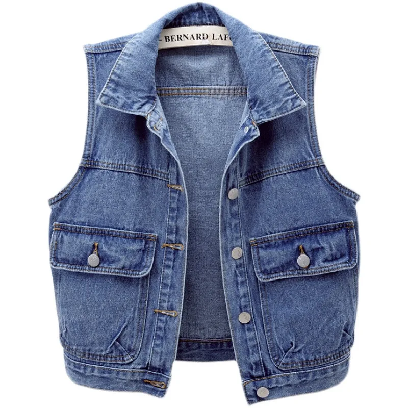 

Spring New Denim Vest Women Single-Breasted Short Wild Pocket Sleeveless Jacket Vintage Jeans Slim Waistcoat Female Tops H2303