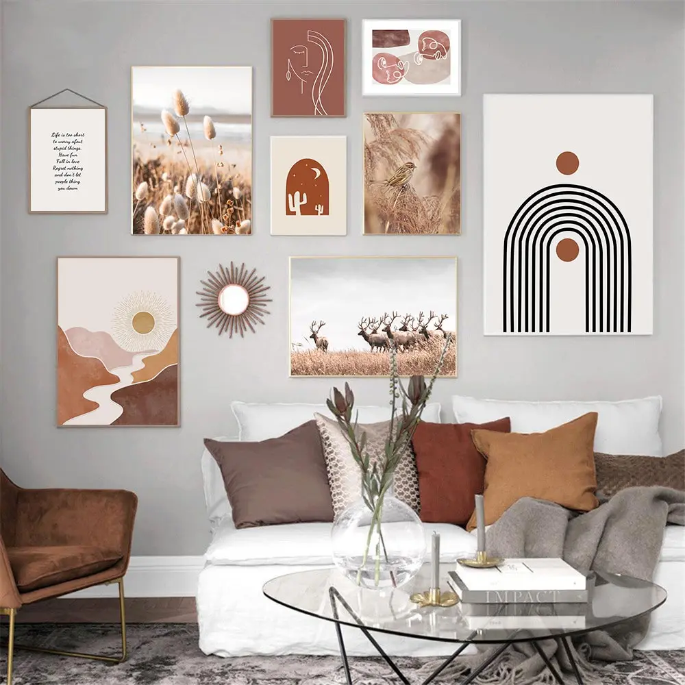 

Abstract Reed Sun Mountain River Antelope Wall Art Poster Star Moon Landscape Art Prints Arch Line Canvas Painting Home Decor
