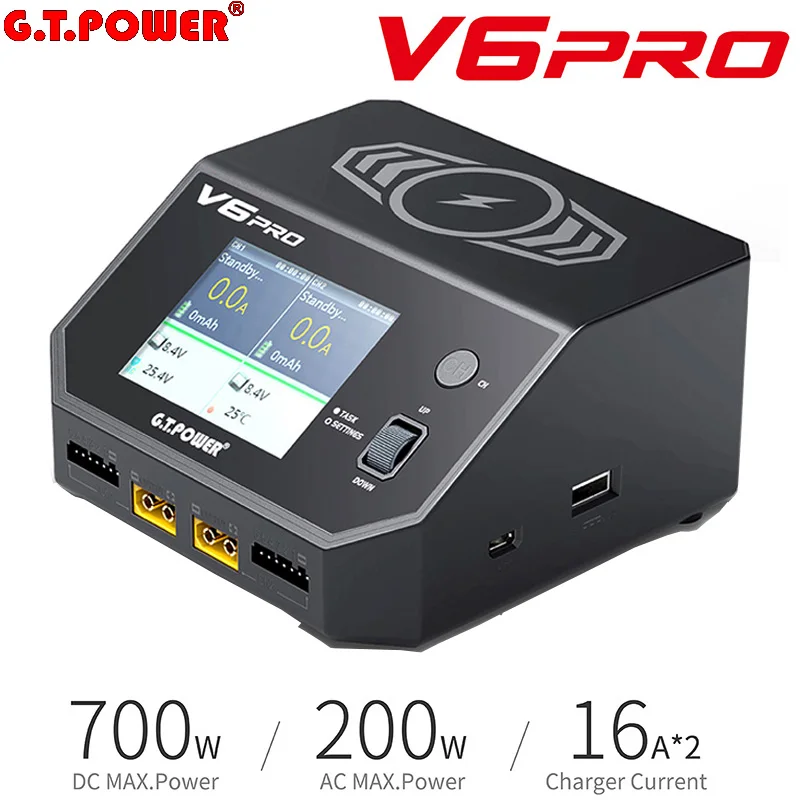 

GT.POWER V6 Pro AC/DC Dual-Channel Intelligent Balance Charger Discharger 700W 32A For LiPo/LiFe/LiIon/LiHV/NiMH/NiCd Battery