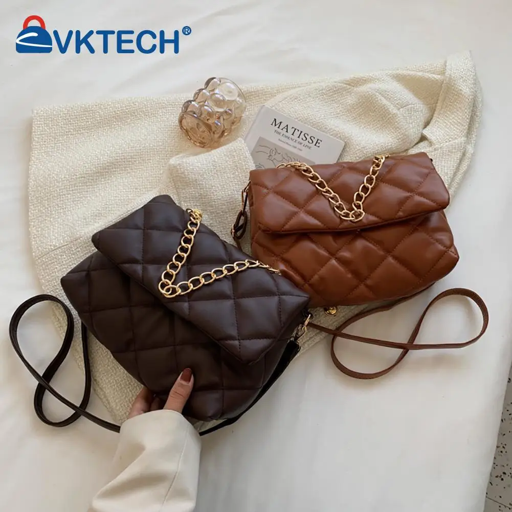 

Women PU Leather Diamond Lattice Shoulder Bag Lady Embroidery ThreadChain Flap Crossbody Bag