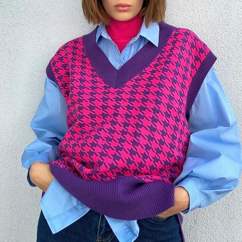 

Argyle Sweater Vest Khaki V Neck Sleeveless Sweater Vests Knitted 2021 Jumper Houndstooth Oversized Waistcoat Tops Preppy Style