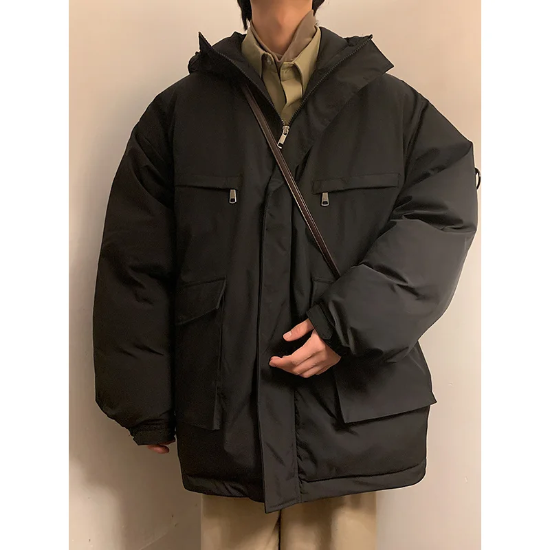 Winter Jacket Men Warm Fashion Black Red Retro Pocket Hooded Jacket Men Streetwear Korean Loose Thick Short Coat Mens Parker