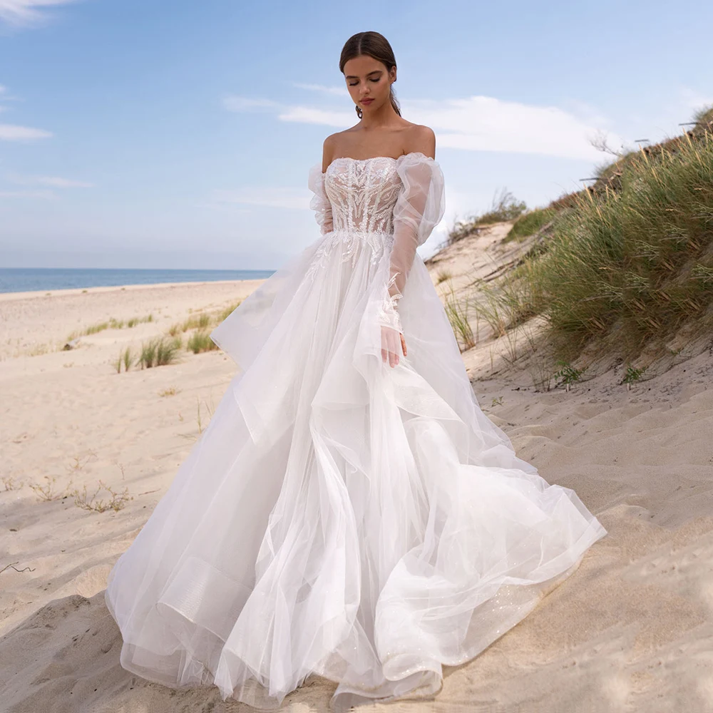 

Сексуальные блестящие фатиновые Свадебные платья без бретелек с открытыми плечами, женское платье с бисером и аппликацией, свадебные плать...