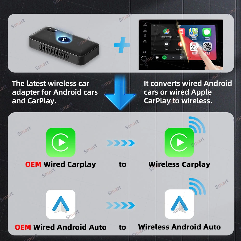 LED Mini 2 в 1 беспроводной Carplay и Android автомобильный адаптер для автомобиля проводной