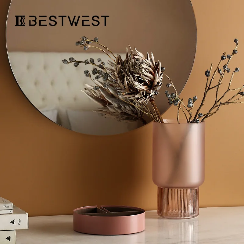 

Best West Light Pink Frosted Glass Vase Hottom Vertical Corrugated Flower Ornament Modern Home Decoration
