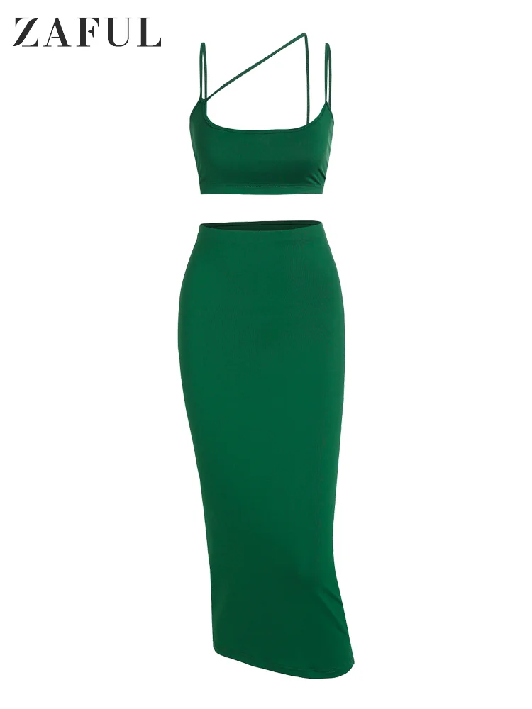 

ZAFUL Asymmetric Collar Sleeveless Elastic Waist Midi Bodycon Skirt Set for Women 2023 Summer