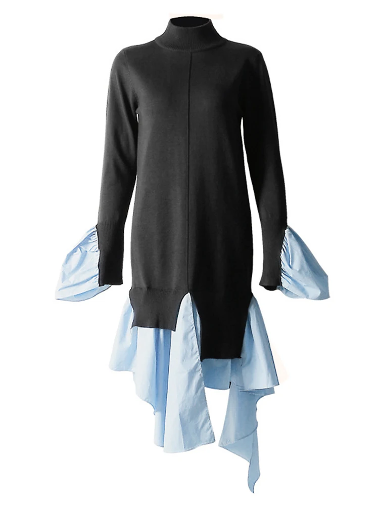 

EVLOOKS Patchwork Irregular Hem Dress for Women Turtleneck Flare Sleeve Colorblock Mini Dresses Female Clothing Fashion New