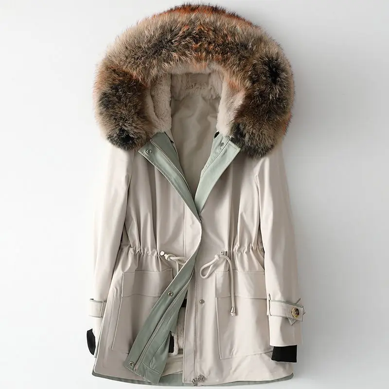 2022 Winter New Raccoon Fur Collar Pie Overcoming Women's Short Hooded Detachable Rabbit Fur Liner Parkas Coat Casual Jacket