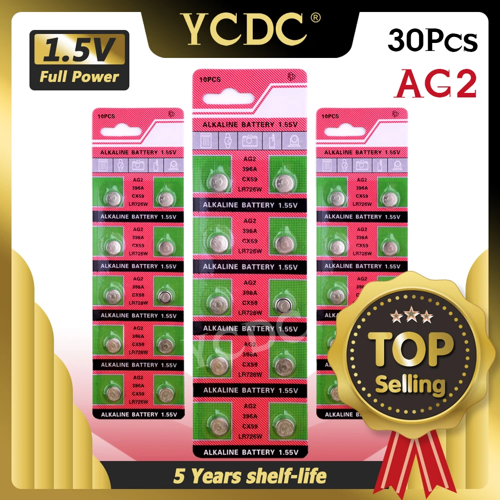 

Щелочные кнопочные батарейки AG2 1,55 SR726SW SR59, 396 в, 30 шт.