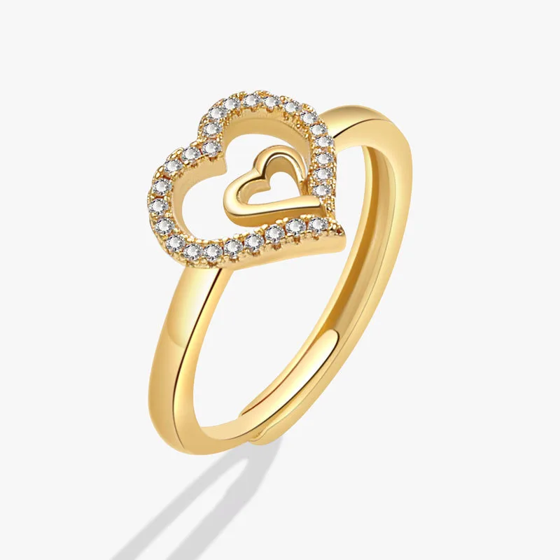 

Zircon Double Heart Rings For Women Stainless Steel Gold Color Adjustable Heart Ring Femme Wedding Aesthetic Party Jewelry Gift