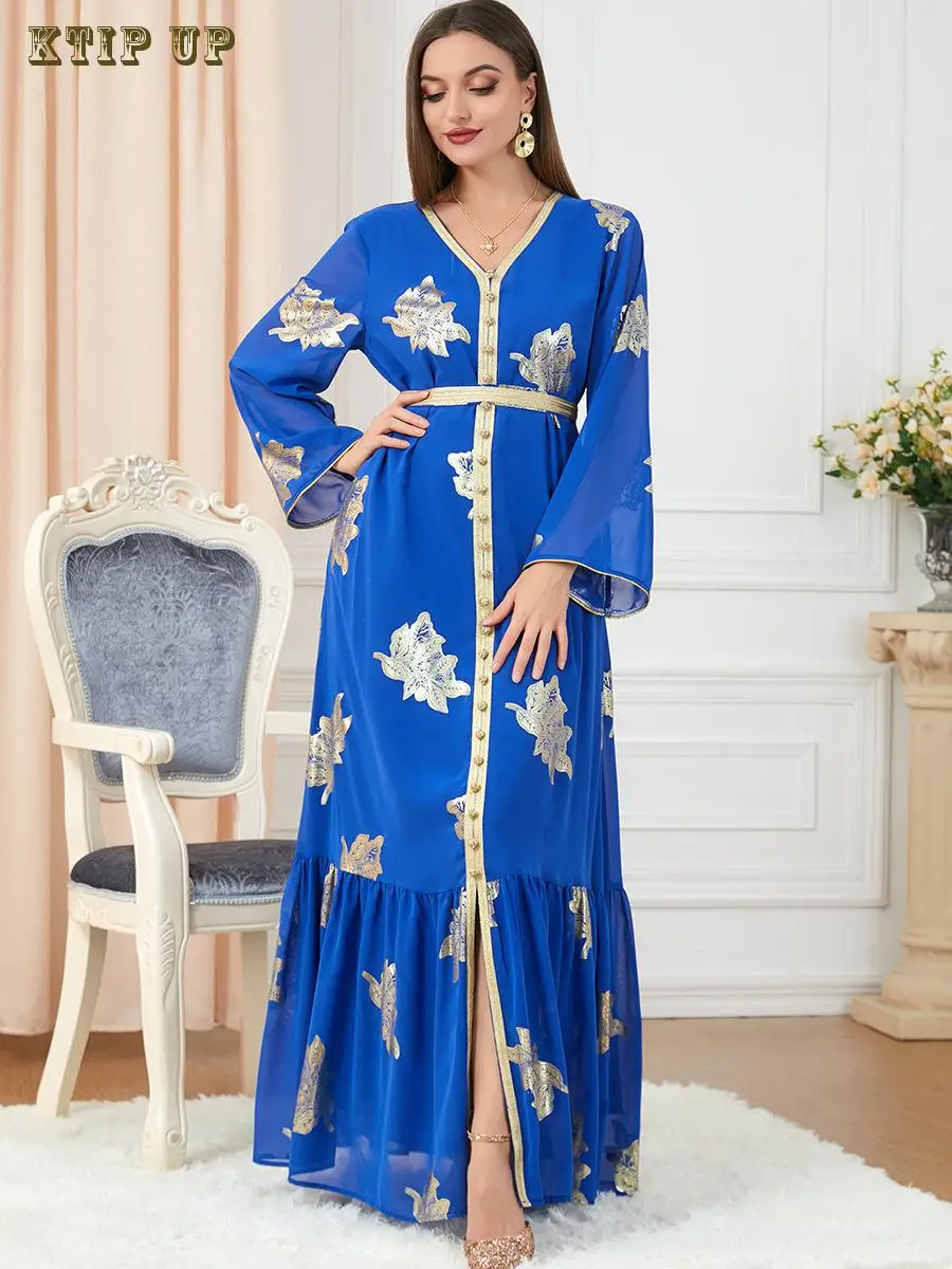 

Morocco Islam Dress For Women Autumn Muslim Abaya Fashion Dubai Abayas Iron Button Belted Kaftan Split Hem Party Dresse Vestidos