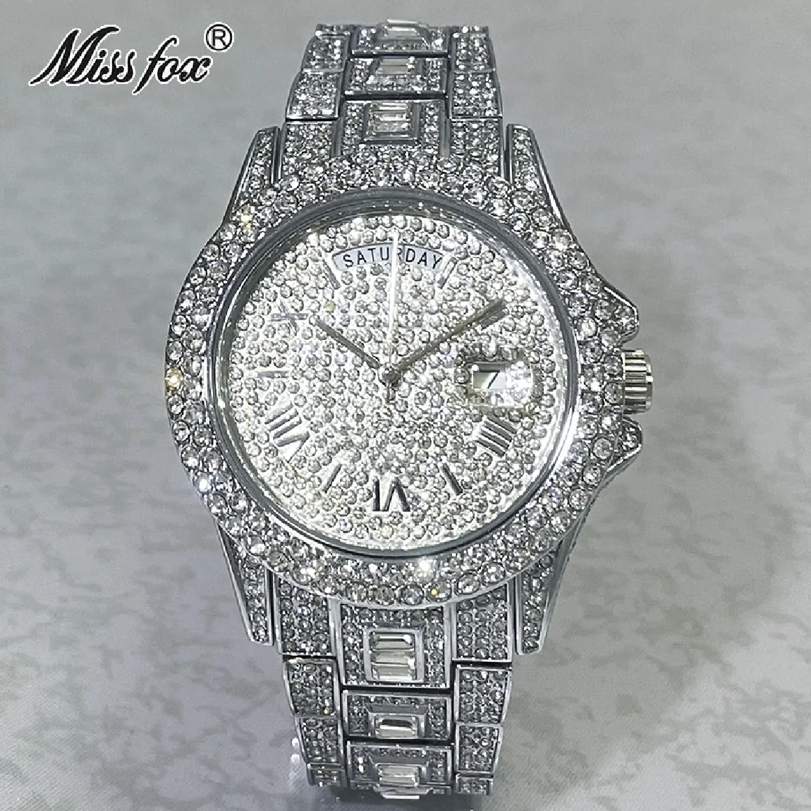 

Famous Brand Sliver Watches Men Luxury Full Iced Out Diamond Fashion Smart Wristwatch Auto Date Week Quartz sports AAA Clock Hot