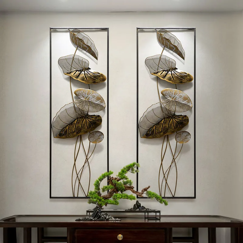 

Creative lotus leaf restaurant wall decoration light luxury new Chinese 3D iron pendant entrance hallway home decoration
