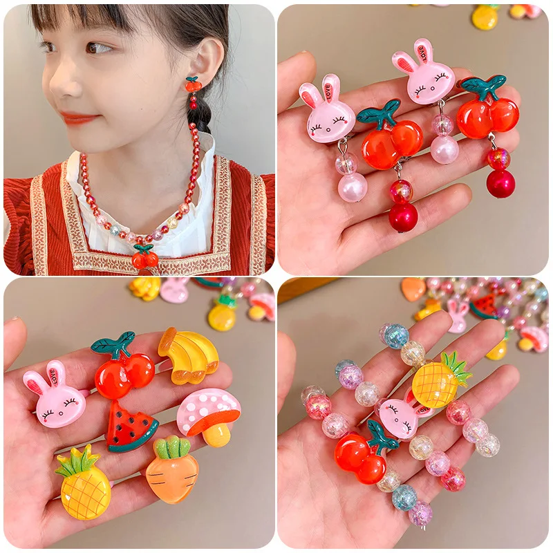

Children's Necklace Fruit Beaded Girl's Chain Bracelet Ring Ear Clip Cute Girl Baby Jewelry Pendant Set Korean Fashion Cadena