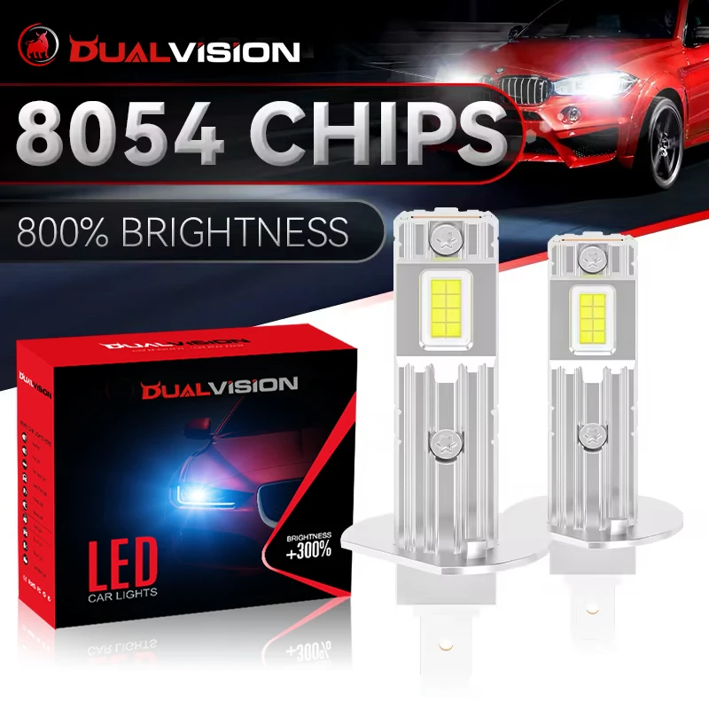 

Dualvision H1 Светодиодный налобный фонарь 6500K Led H3 16PCS 8054 CSP Автомобильный фонарь без вентилятора Беспроводной 1:1 Мини-размер Canbus Без ошибок 12 В 24 В Plug&Play