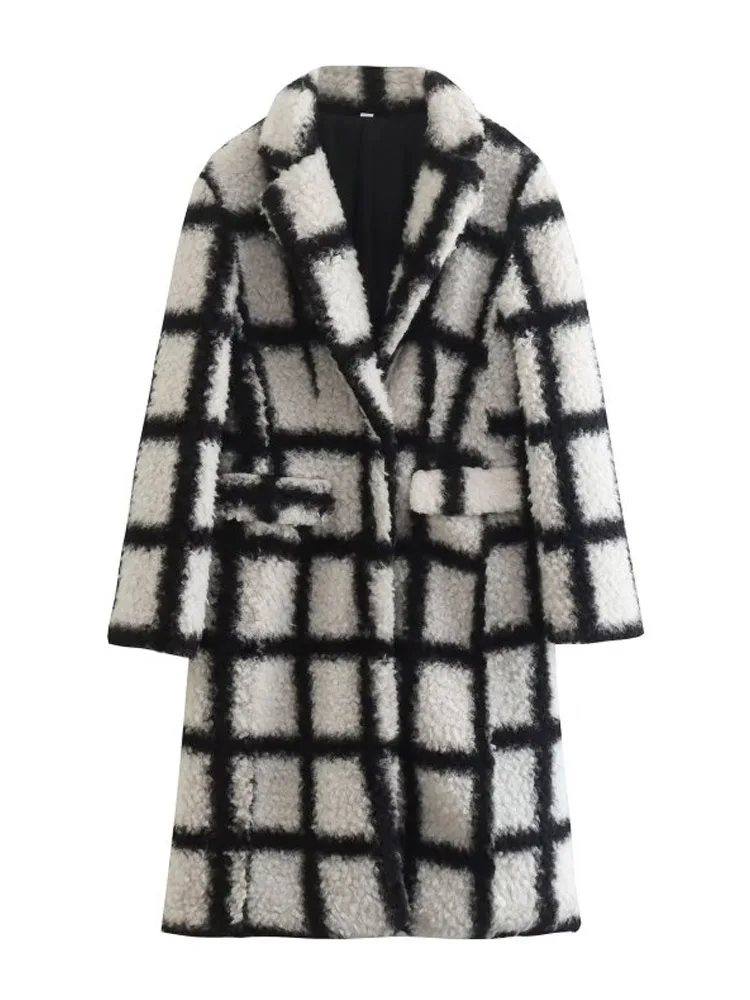 2022 Winter Women Plaid Fleece Wool & Blends Coats Fashion Single Button Warm Female Elegant Street Overcoat Clothing