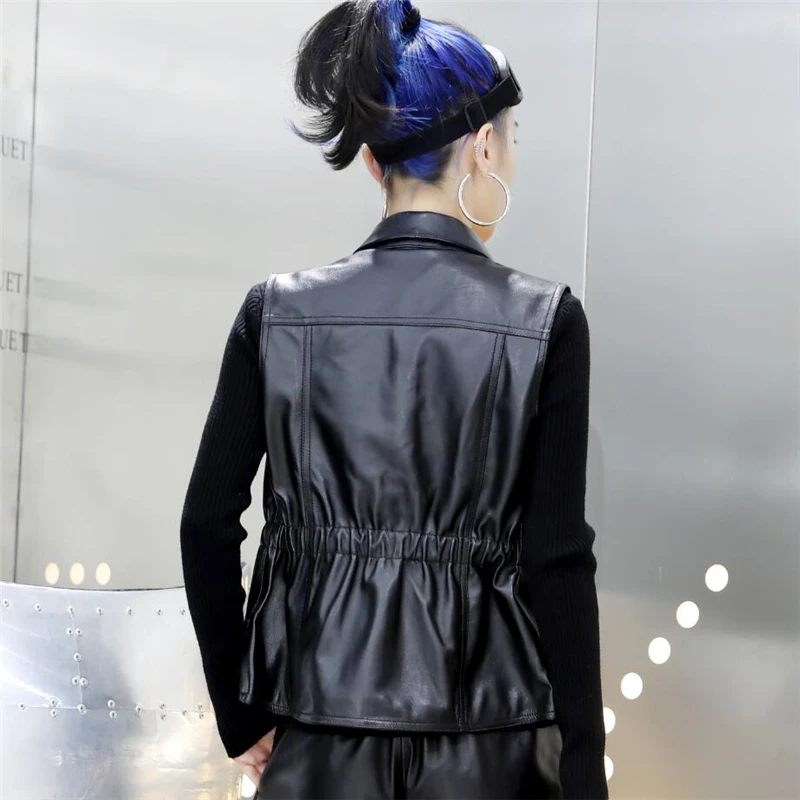 Leather Waistcoat Women's Spring Autumn Lapel Short Sheepskin Tops Genuine Leather Slim Sleeveless Vest Women's Short Outer Wear