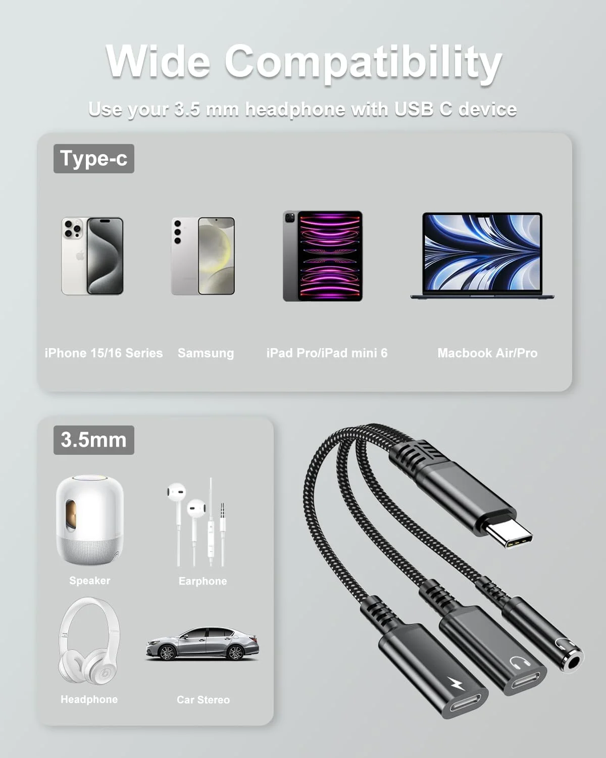 Фото Адаптер USB-C на 3,5 мм для наушников и зарядки, 3-в-1, USB-C на аудиоадаптер Aux, быстрая зарядка 60 Вт для Samsung, зарядное устройство PD 60 Вт №4