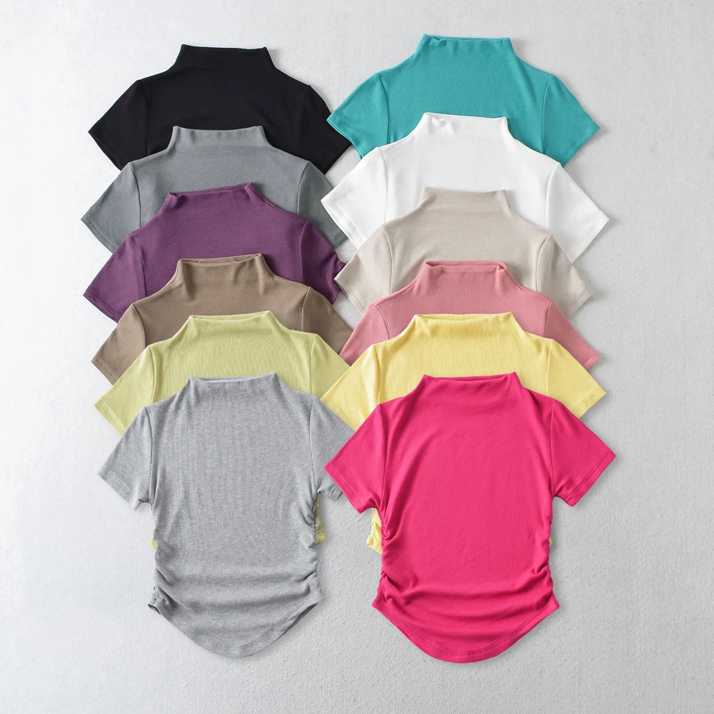 

Women's Sexy Crop Tops Summer Slim Tight U-Shaped Hem Curved Short Sleeve Solid Folds Bottoming Short T-shirt Tops